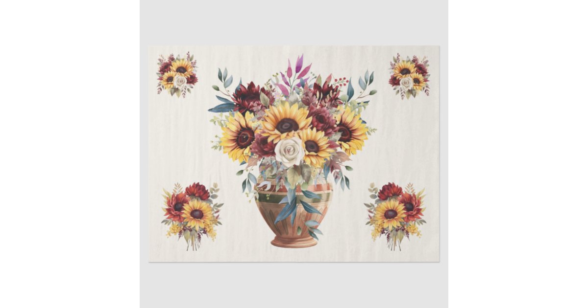 Rustic Sunflowers & Burgundy Florals Decoupage Tissue Paper | Zazzle