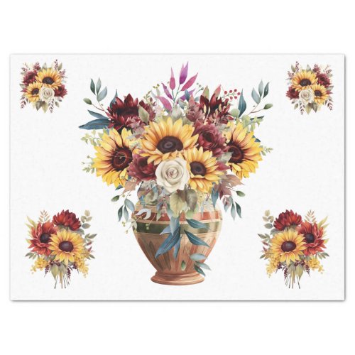 Rustic Sunflowers  Burgundy Florals  Decoupage  Tissue Paper