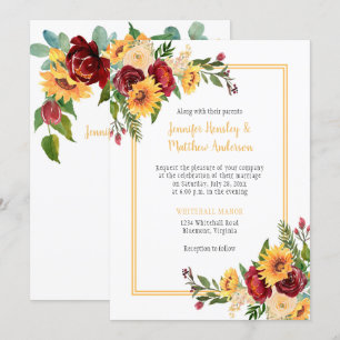Rustic Sunflowers & Burgundy Peonies Roses Wedding Invitation