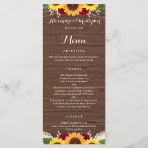 Rustic Sunflowers Burgundy Red Roses Wedding Menu