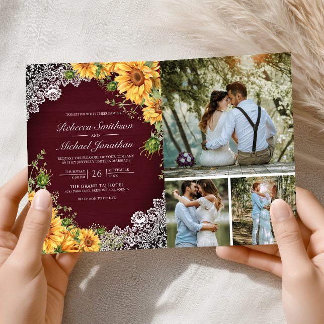 Rustic Sunflowers Burgundy Wood QR Code Wedding Invitation (Creator Uploaded)