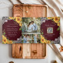 Rustic Sunflowers Burgundy Wood QR Code Wedding Tri-Fold Invitation