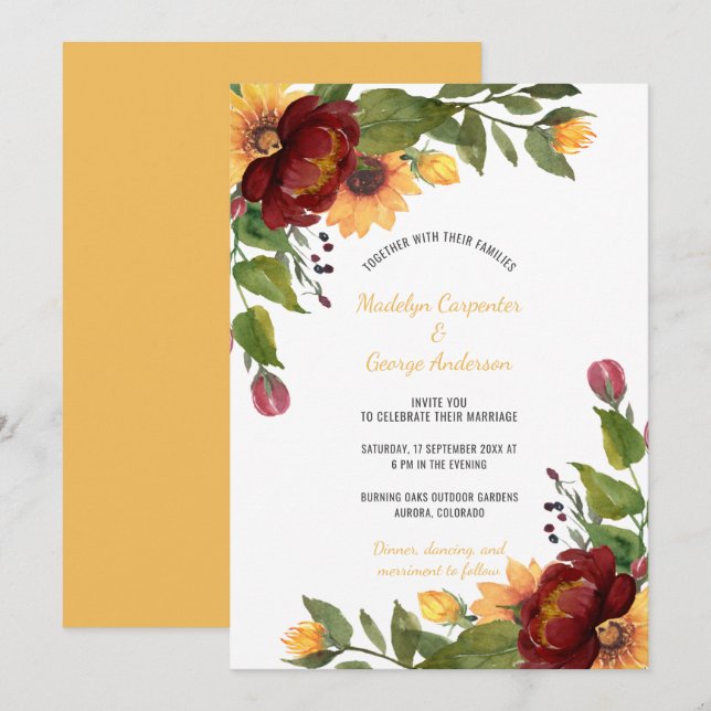 Rustic Sunflowers Burgundy & Yellow Floral Wedding Invitation (Front/Back)