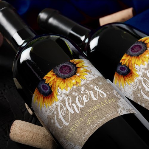 Rustic sunflowers burlap and lace cheers wedding wine label