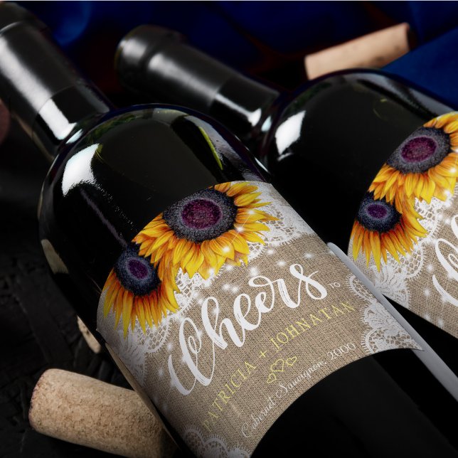 Rustic sunflowers burlap and lace cheers wedding wine label (Creator Uploaded)