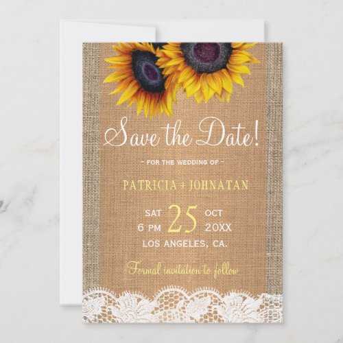 Rustic sunflowers burlap and lace PHOTO wedding Save The Date