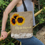 Rustic sunflowers burlap lace wedding bridesmaid tote bag<br><div class="desc">Rustic elegant summer or autumn fall wedding stylish bridesmaid / maid of honor / flower girl tote bag on beige faux burlap featuring beautiful yellow gold sunflowers bouquets and white lace borders on both faces. Easy to personalize with bridesmaid's name on the front and with bride's and groom's names and...</div>