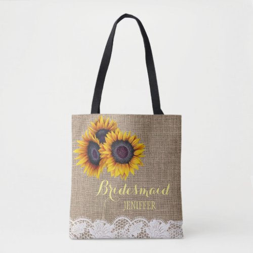 Rustic sunflowers burlap lace wedding bridesmaid tote bag
