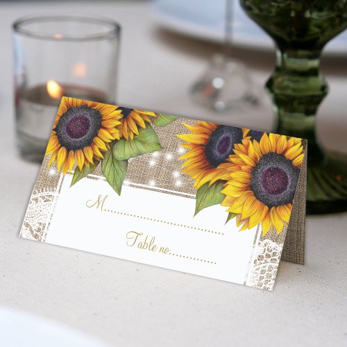 Rustic sunflowers burlap lace wedding table place place card