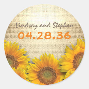 Rustic Sunflowers Burlap Wedding Classic Round Sticker