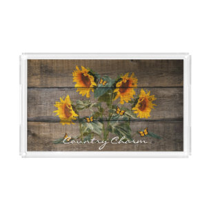 Rustic Sunflowers Butterflies Barn Board Acrylic Tray