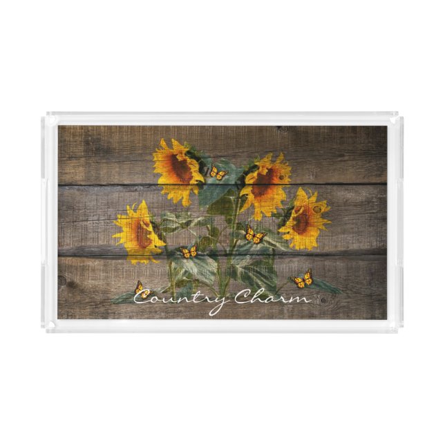 Rustic Sunflowers Butterflies Barn Board Acrylic Tray (Front)