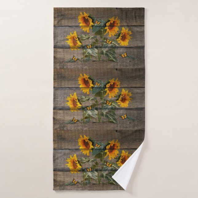 Rustic Sunflowers Butterflies Barn Board Bath Towel (Bath Towel)