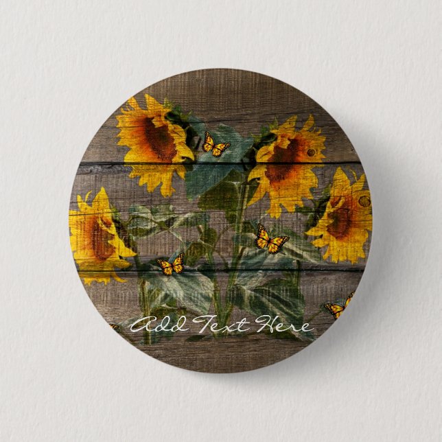 Rustic Sunflowers Butterflies Barn Board Button (Front)