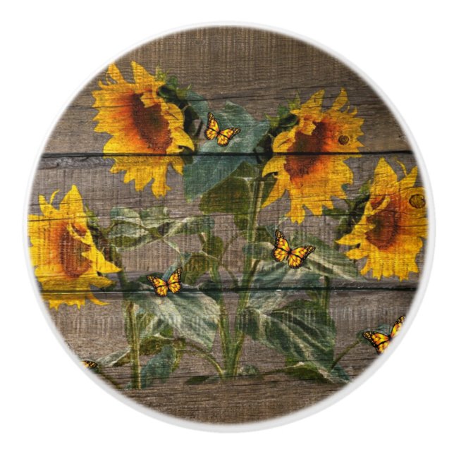 Rustic Sunflowers Butterflies Barn Board Ceramic Knob (Front)