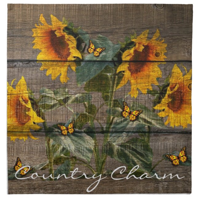 Rustic Sunflowers Butterflies Barn Board Cloth Napkin (Front)
