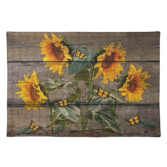Rustic Sunflowers Butterflies Barn Board Cloth Placemat (Front)