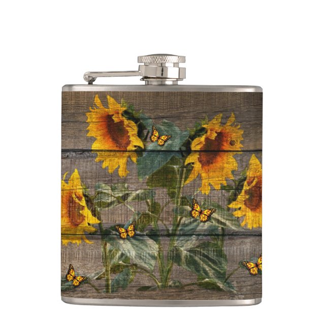 Rustic Sunflowers Butterflies Barn Board Flask (Front)
