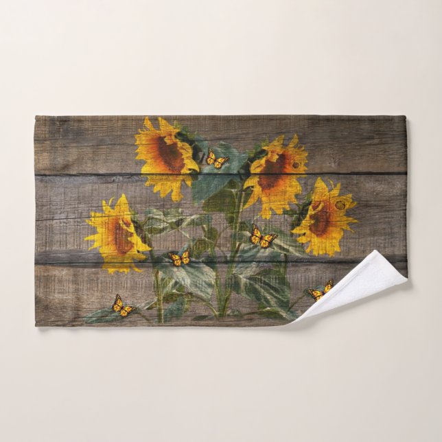 Rustic Sunflowers Butterflies Barn Board Hand Towel (Hand Towel)