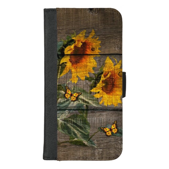 Rustic Sunflowers Butterflies Barn Board iPhone Wallet Case (Front)