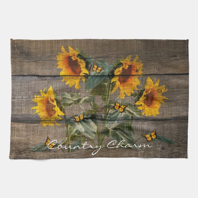 Rustic Sunflowers Butterflies Barn Board Kitchen Towel (Horizontal)