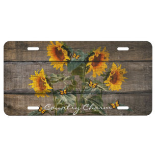 Rustic Sunflowers Butterflies Barn Board License Plate