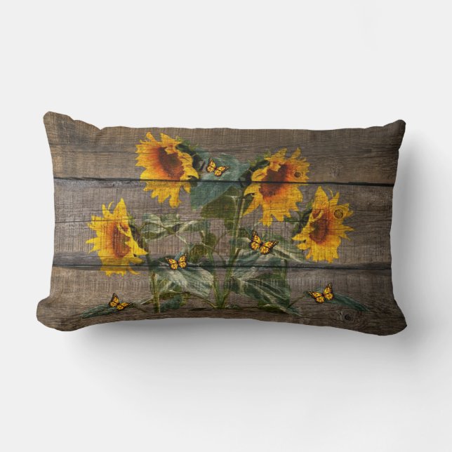 Rustic Sunflowers Butterflies Barn Board Lumbar Pillow (Front)