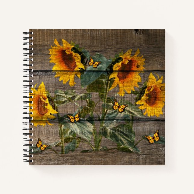 Rustic Sunflowers Butterflies Barn Board Notebook (Front)