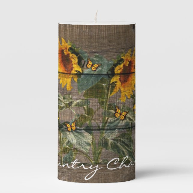 Rustic Sunflowers Butterflies Barn Board Pillar Candle (Front)