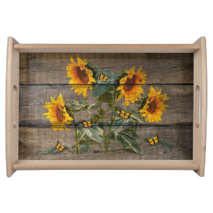 Rustic Sunflowers Butterflies Barn Board Serving Tray