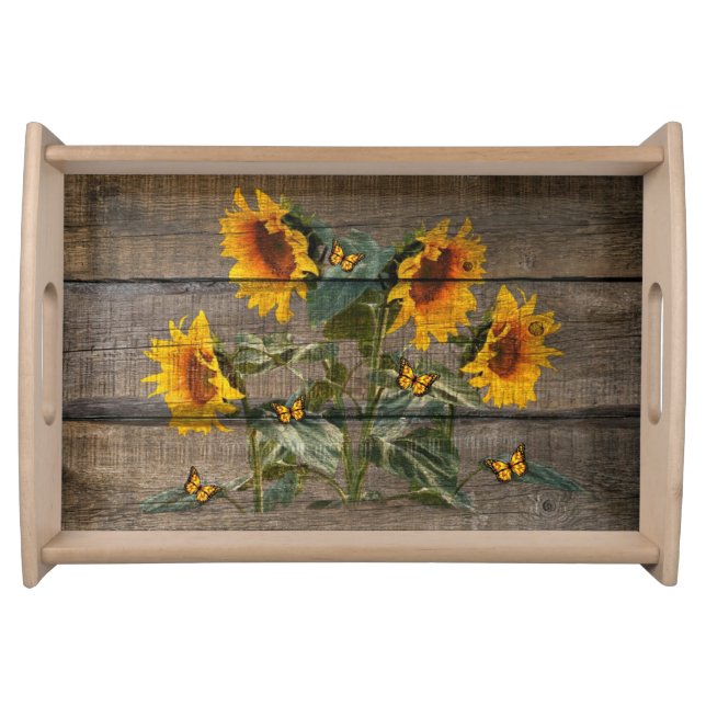 Rustic Sunflowers Butterflies Barn Board Serving Tray (Front)