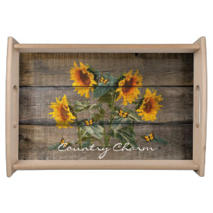 Rustic Sunflowers Butterflies Barn Board Serving Tray
