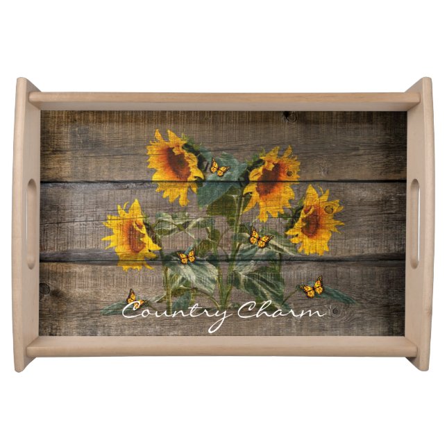 Rustic Sunflowers Butterflies Barn Board Serving Tray (Front)