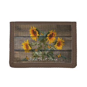 Rustic Sunflowers Butterflies Barn Board Tri-fold Wallet