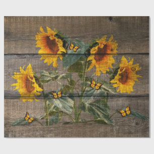 Rustic Sunflowers Butterflies Barn Board Wrapping Paper