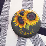 Rustic sunflowers chalkboard bridesmaid button<br><div class="desc">Floral rustic bridesmaid weeding button featuring a sunflowers bouquet on a dark grey chalkboard background.             You can personalize it with your text!</div>