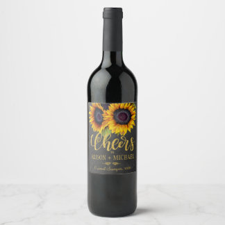 Rustic sunflowers chalkboard cheers wedding wine label