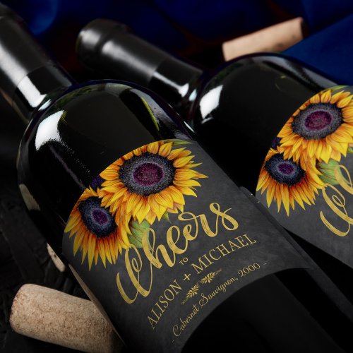 Rustic sunflowers chalkboard cheers wedding wine label