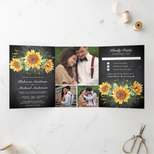 Rustic Sunflowers Chalkboard Photo Collage Wedding Tri_Fold Invitation
