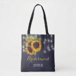 Rustic sunflowers chalkboard wedding bridesmaid tote bag<br><div class="desc">Rustic elegant fall wedding stylish bridesmaid / maid of honor / flower girl tote bag on dark midnight navy blue chalkboard featuring beautiful yellow gold sunflowers bouquets and strings of twinkle lights. Personalize it with bridesmaid's name on front and with bride's and groom's names and wedding date on the back....</div>