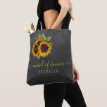 Rustic sunflowers chalkboard wedding maid or honor tote bag<br><div class="desc">Rustic elegant wedding stylish bridesmaid, maid of honor, or flower girl tote bag on dark gray charcoal chalkboard featuring beautiful yellow gold sunflowers bouquets. Personalize it with your team bride member's name on the front and with the wedding couple's names, date, and place on the back. You can choose to...</div>