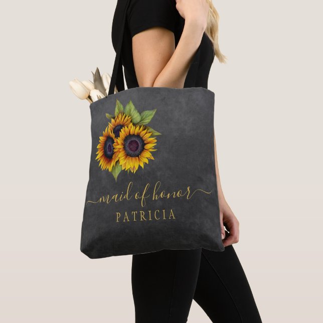 Rustic sunflowers chalkboard wedding maid or honor tote bag (Close Up)