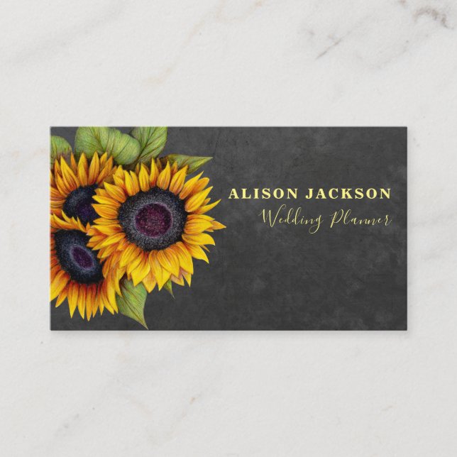 Rustic sunflowers chalkboard wedding planner business card (Front)