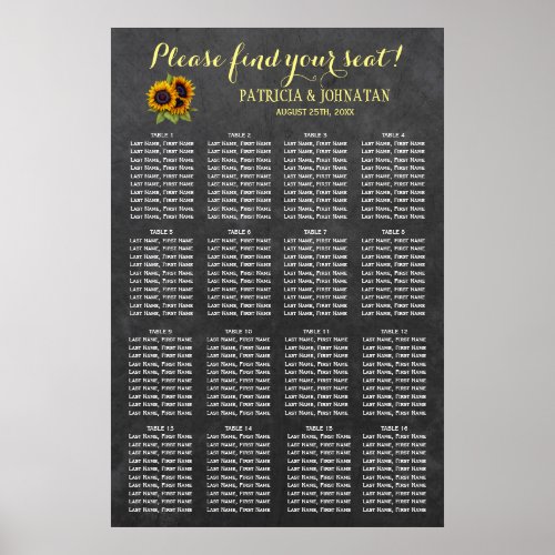 Rustic sunflowers chalkboard wedding seating chart