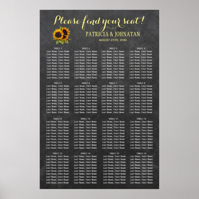 Rustic sunflowers chalkboard wedding seating chart (Front)