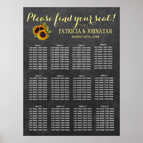 Rustic sunflowers chalkboard wedding seating chart