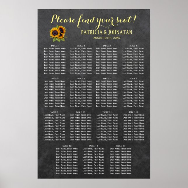 Rustic sunflowers chalkboard wedding seating chart (Front)