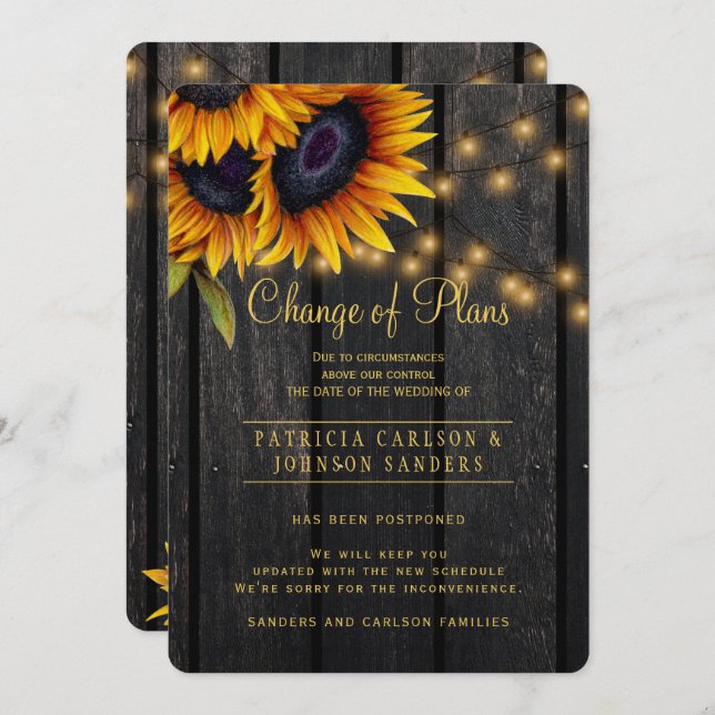 Rustic sunflowers change of plans announcement (Front/Back)