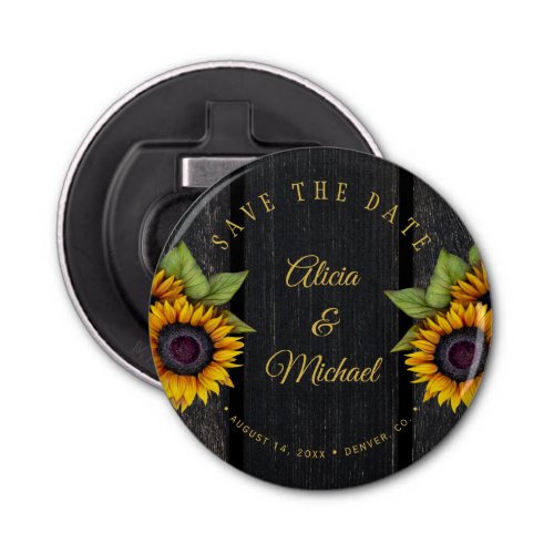 Rustic sunflowers chic barn wood wedding save date bottle opener