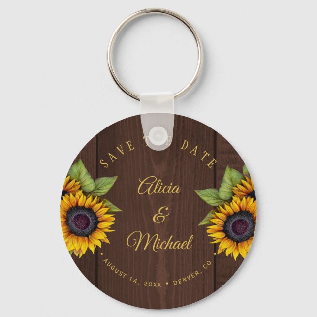 Rustic sunflowers chic barn wood wedding save date keychain (Front)